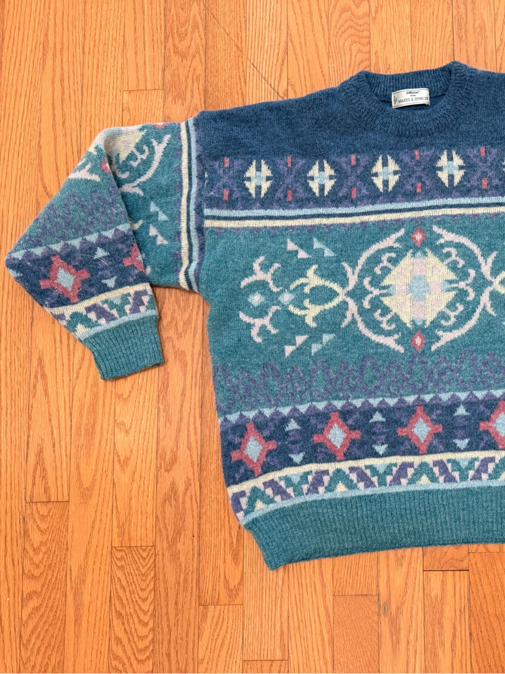 Vintage 90s Marks & Spencer Teal Patterned Crewneck Sweater with Navy Accents